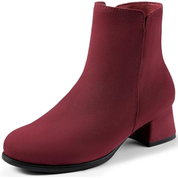 Shoes - Women's Red Classic Ankle Boots Low Block Heels Suede Chunky Fashion Booties